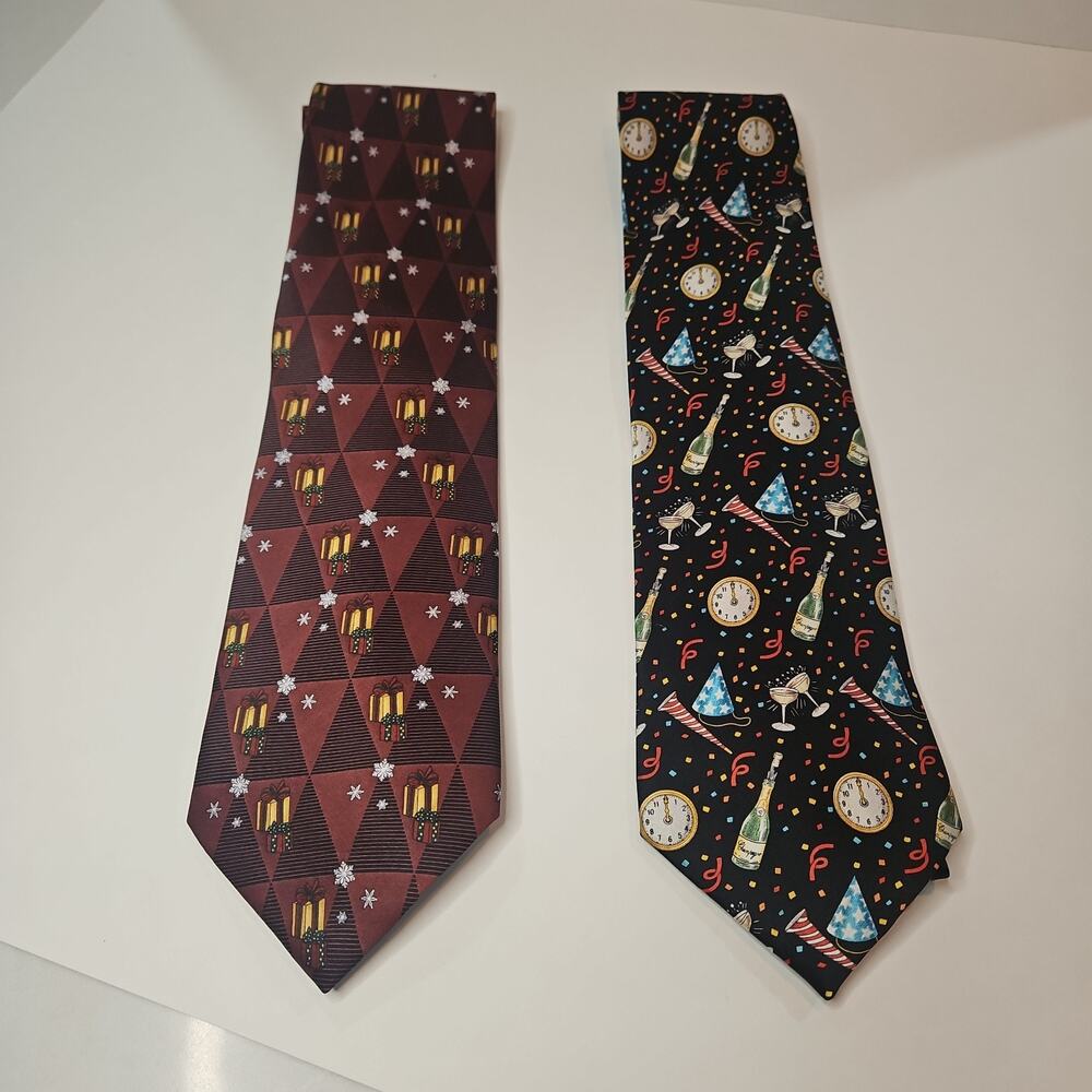Lot of 2 Holiday Silk Neckties -Merry Christmas / Happy New Year Designs